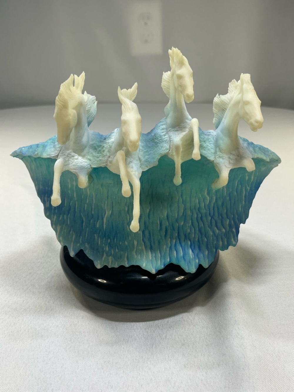 John Perry 1993 Vintage Sculpture 4 Horses in Waves Pellucida Resin Blue Wave